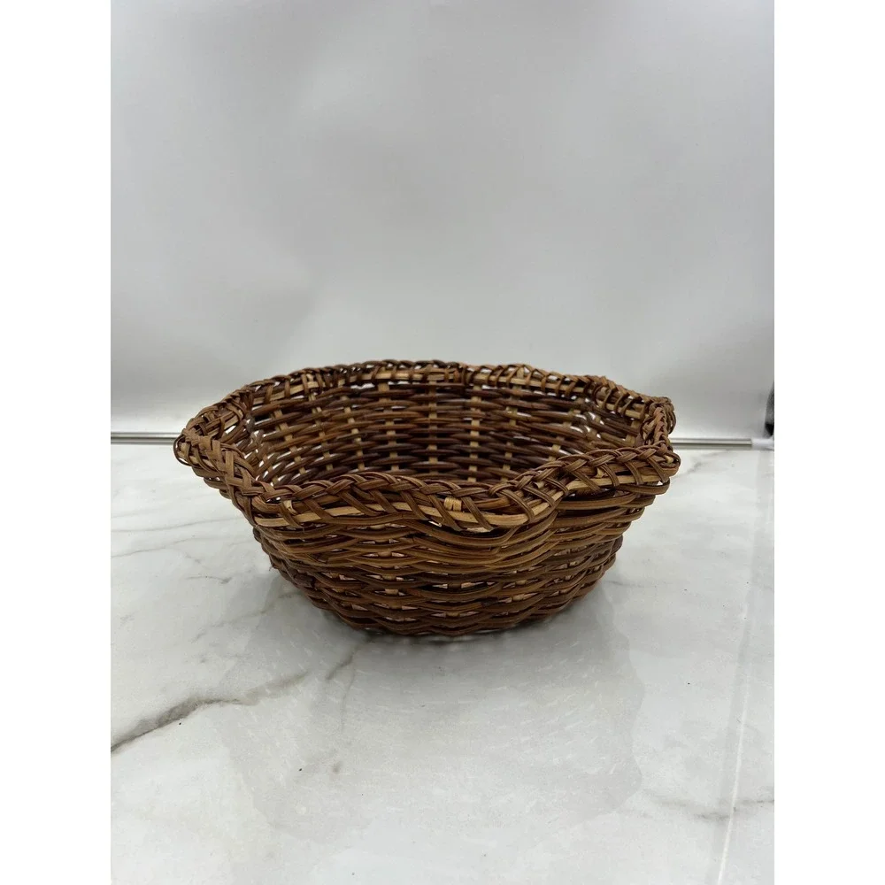 Vintage Scalloped Wicker Basket Handwoven Two Tone Brown Round Decorative Bowl